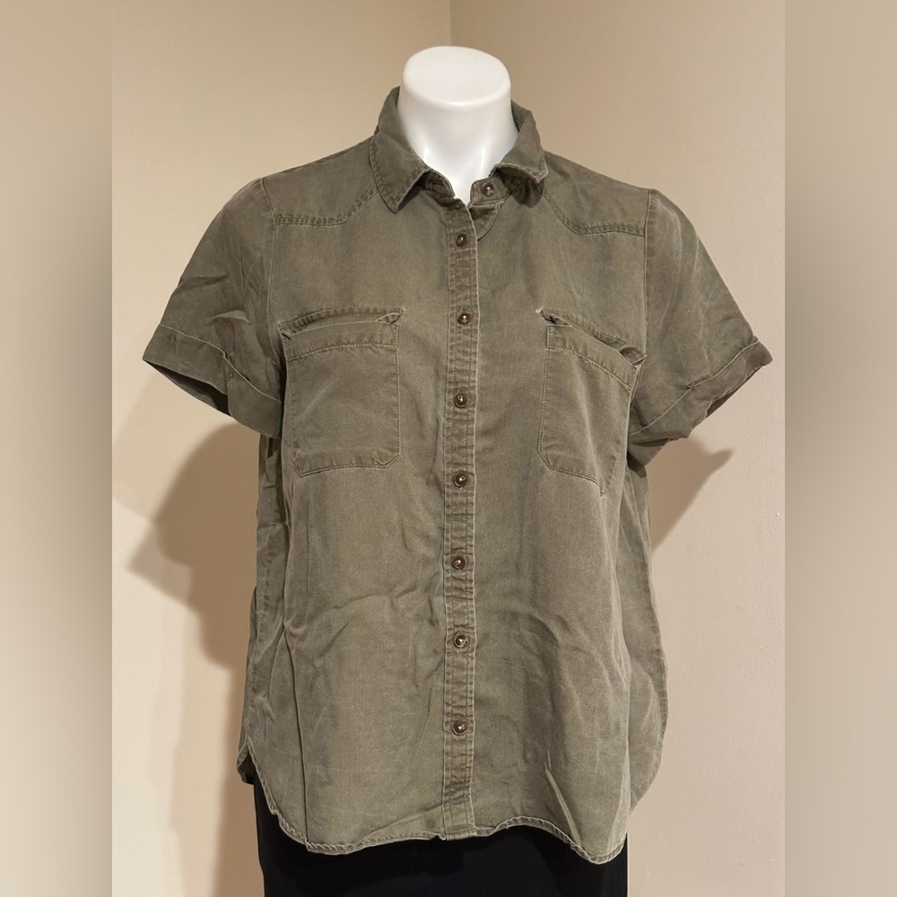 JANE + DELANCEY Olive Green Button Down Collard Cuffed Sleeves Casual Top  Sz M